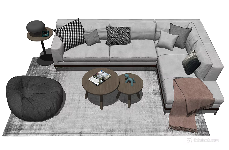 Gray Sectional Sofa With Throw Pillows Side Tables Magazines Bean Bag Chair And Rug 3d model 