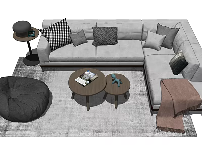 Gray Sectional Sofa With Throw Pillows Side Tables Magazines Bean Bag Chair And Rug 3d model