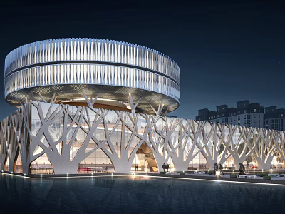 Modern Office Building Featuring Unique Exterior Design With Tree-like Supports And Nighttime Illumination 3d model