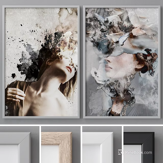 Two Framed Artistic Portraits Featuring Abstract Ink And Smoke Effects With Wooden And White Frames 3d model 