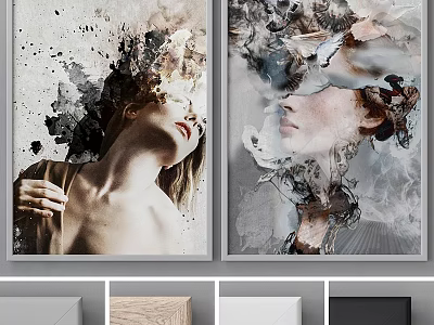 Two Framed Artistic Portraits Featuring Abstract Ink And Smoke Effects With Wooden And White Frames 3d model