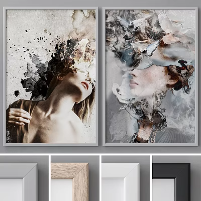 Two Framed Artistic Portraits Featuring Abstract Ink And Smoke Effects With Wooden And White Frames 3d model