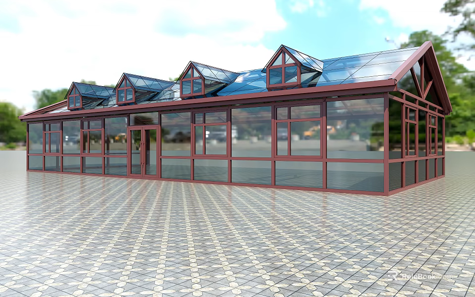 Modern Glass Sunroom Featuring Brown Frame And Multiple Gable Roofs Design 3d model