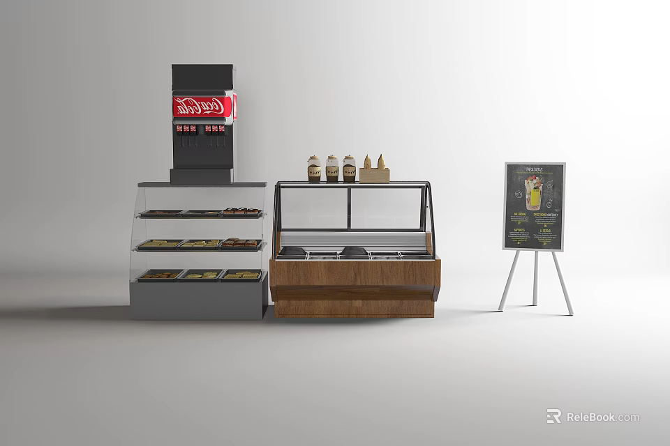 Commercial Refrigerator Freezer Display Case With Coca Cola Sign And Bottled Drinks Menu Board 3d model 