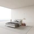 Modern Upholstered Double Bed With Gray Pillows Bedside Tables Pendant Light And Soft Carpet