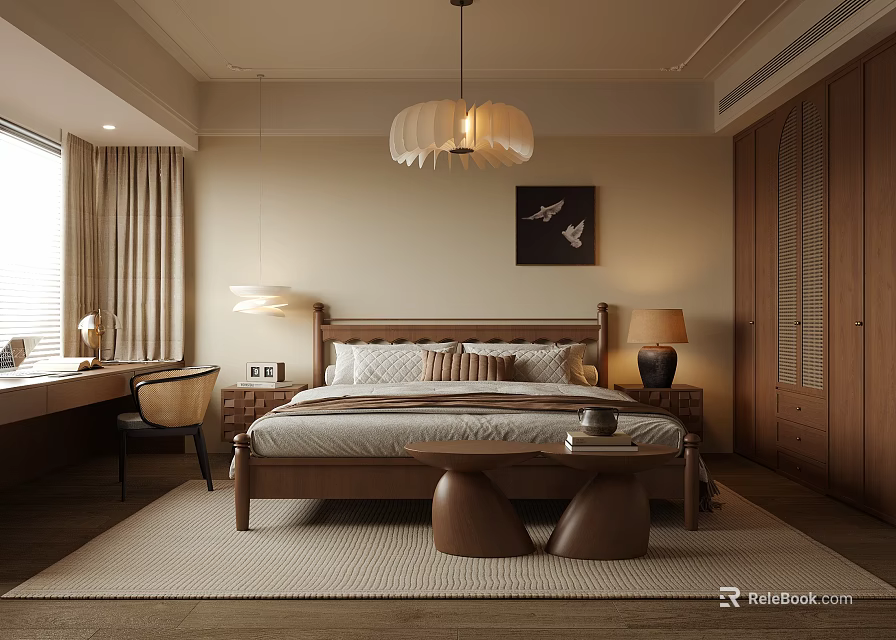 Modern Bedroom Interior With Wooden Bed Frame Nightstand Pendant Light And Rug 3d model 