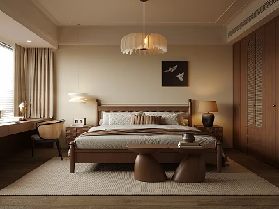 Modern Bedroom Interior With Wooden Bed Frame Nightstand Pendant Light And Rug 3d model