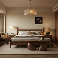 Modern Bedroom Interior With Wooden Bed Frame Nightstand Pendant Light And Rug