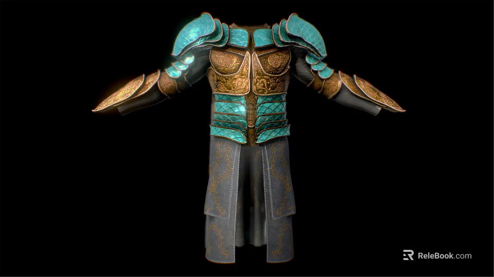 Man Wearing Ornate Ancient Armor With Blue Gold Decorations And Long Robe 3d model 
