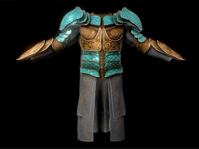 Man Wearing Ornate Ancient Armor With Blue Gold Decorations And Long Robe 3d model