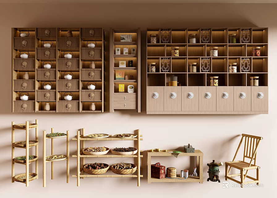 Wooden Display Shelves And Storage Racks With Multi Tiered Design For Spices Dry Goods 3d model 