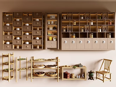 Wooden Display Shelves And Storage Racks With Multi Tiered Design For Spices Dry Goods 3d model