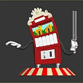 Anthropomorphic Red Vending Machine Character With Popcorn Top Holding Gun On Striped Base