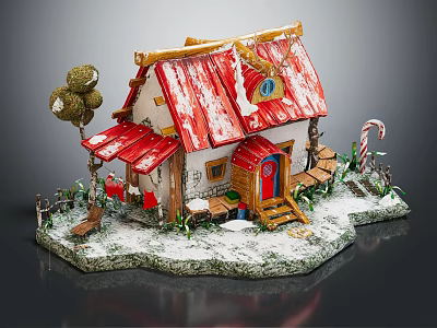 Cartoon Gingerbread House With Red Snow Covered Roof Small Tree Candy Cane And Wooden Steps 3d model