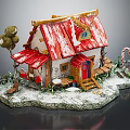 Cartoon Gingerbread House With Red Snow Covered Roof Small Tree Candy Cane And Wooden Steps