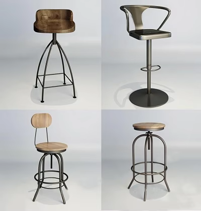 Modern Bar Stools With Various Designs Wooden Seats And Metal Frames 3d model