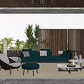 Modern Outdoor Garden Area With Sofa Chairs Coffee Table Plants Wooden Screens And Lighting