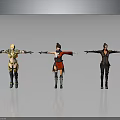Three 3D Female Characters In Standing Pose With Outstretched Arms And Different Costumes