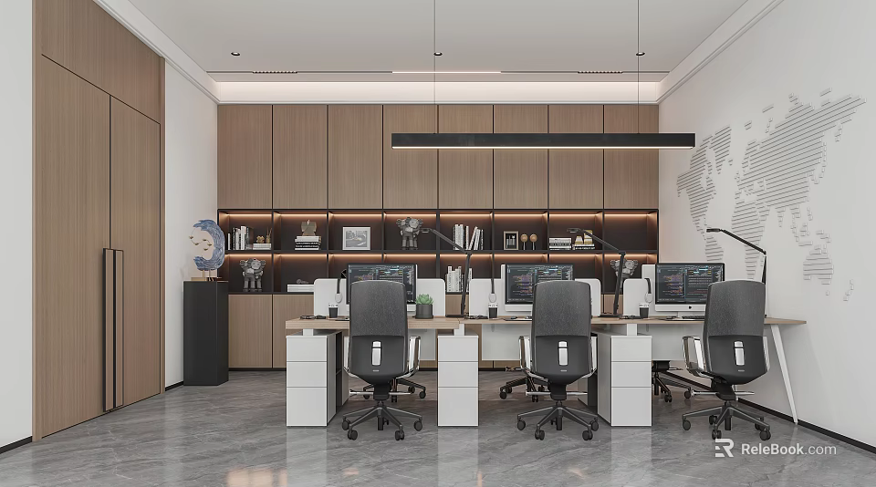 Modern Office Interior Design Featuring Desks Ergonomic Chairs Computers Bookshelves And Hanging Lights 3d model 