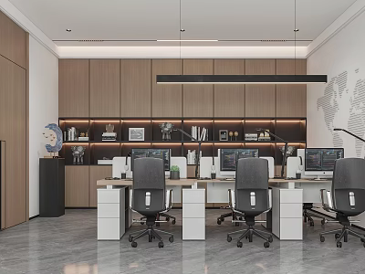Modern Office Interior Design Featuring Desks Ergonomic Chairs Computers Bookshelves And Hanging Lights 3d model