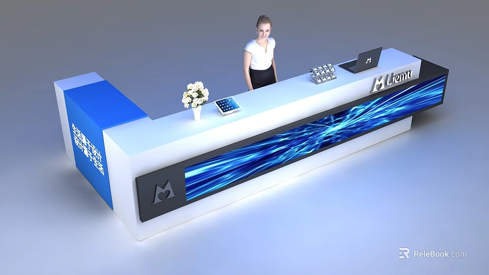 Modern Reception Desk With Blue White Design Glowing Lines Company Logo And Flower Arrangement 3d model 