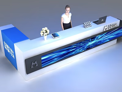 Modern Reception Desk With Blue White Design Glowing Lines Company Logo And Flower Arrangement 3d model