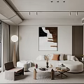 Modern Living Room Interior With White Sofa Abstract Wall Art Round Coffee Table Floor Lamp