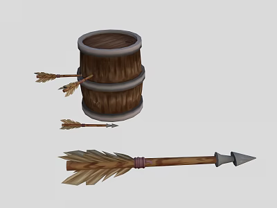 Wooden Arrows With Feathers Placed Near Traditional Wooden Barrel Weapon 3d model