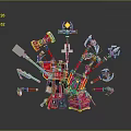 Lego Style Red Mechanical Device With Various Weapons Axes Hammers And Spears
