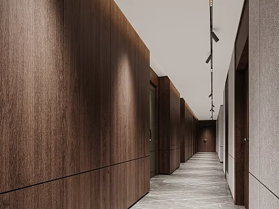Modern Minimalist Elevator Corridor With Wooden Walls Recessed Lighting And Marble Flooring 3d model