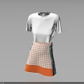 Stylish White Short Sleeve Top With Checkered Skirt Featuring Colorful Patterns And Orange Hem