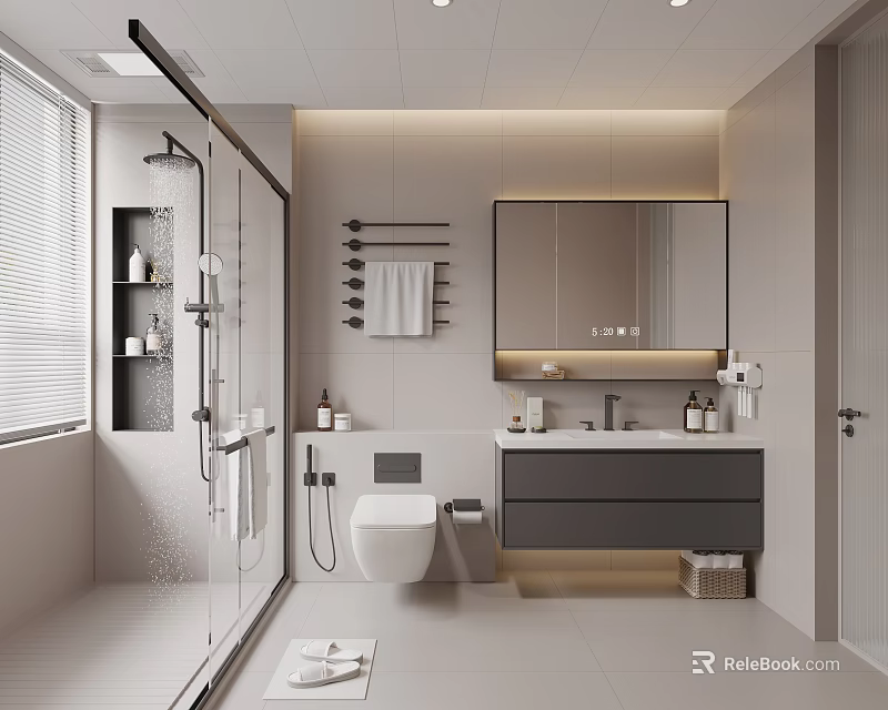 Modern Bathroom Interior Design With Glass Shower Enclosure Wall Mounted Toilet And Vanity Mirror 3d model 