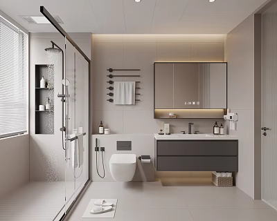 Modern Bathroom Interior Design With Glass Shower Enclosure Wall Mounted Toilet And Vanity Mirror 3d model