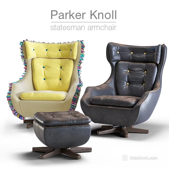 Statesman Armchair Designs Featuring Yellow Tufted Upholstery Colorful Tassels And Dark Leather Footstool 3d model 