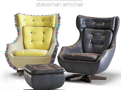 Statesman Armchair Designs Featuring Yellow Tufted Upholstery Colorful Tassels And Dark Leather Footstool 3d model