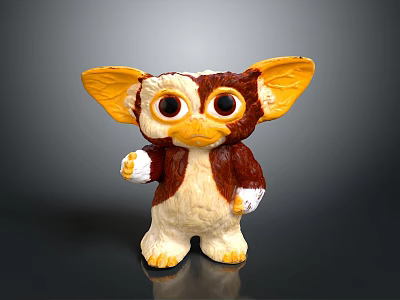 Cute Gremlin Character Toy With Large Ears Big Eyes Brown White Fur And Waving Hand 3d model