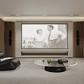 Modern Basement Interior Design With Sofa Coffee Table Projector And Staircase