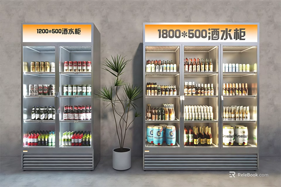 Beverage Refrigerators 1200x600 and 1800x500 Filled with Various Drinks in Modern 3d model 