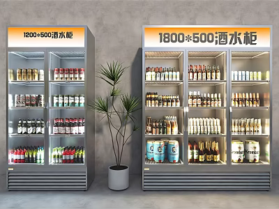 Beverage Refrigerators 1200x600 and 1800x500 Filled with Various Drinks in Modern 3d model