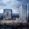 Modern High Rise Office Building With Glass Curtain Wall And Urban Landscape View