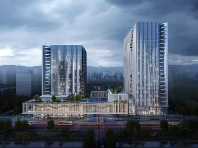 Modern High Rise Office Building With Glass Curtain Wall And Urban Landscape View 3d model