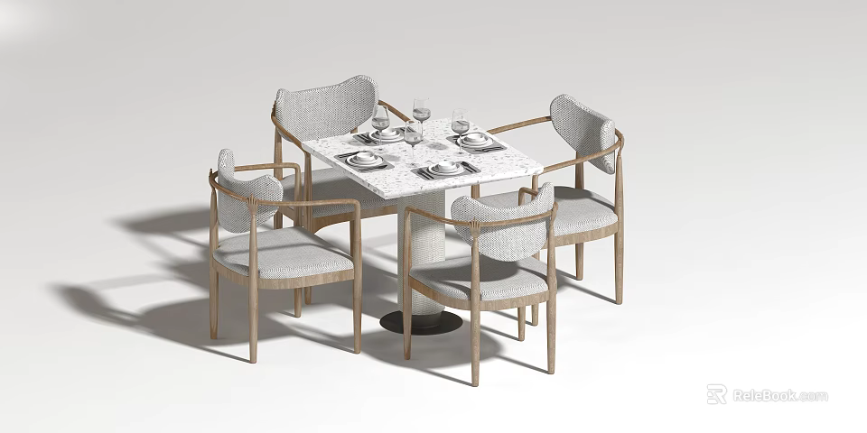 Dining Table Set With Marble Top And Wooden Frame Gray Upholstered Chairs 3d model