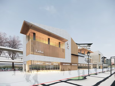 Modern Commercial Street with Contemporary Architectural Design Pedestrian Walkway Shops Street Lamps and Trees 3d model