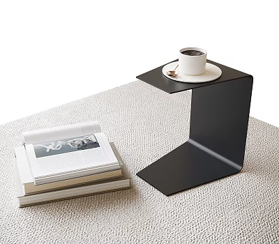Modern Black Side Table With Coffee Cup And Stack Of Open Books On Textured Surface 3d model