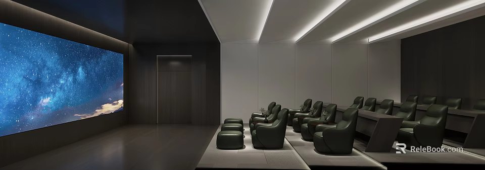 Modern Home Theater Interior Design With Dark Leather Recliners Ambient Lighting And Wooden Panels 3d model 
