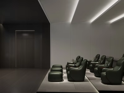 Modern Home Theater Interior Design With Dark Leather Recliners Ambient Lighting And Wooden Panels 3d model