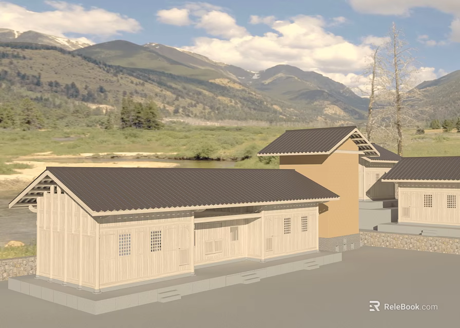 Scenic Wooden House with Black Roof Mountain View Grassland and River 3d model 