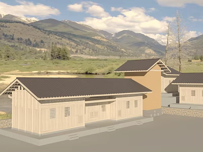 Scenic Wooden House with Black Roof Mountain View Grassland and River 3d model