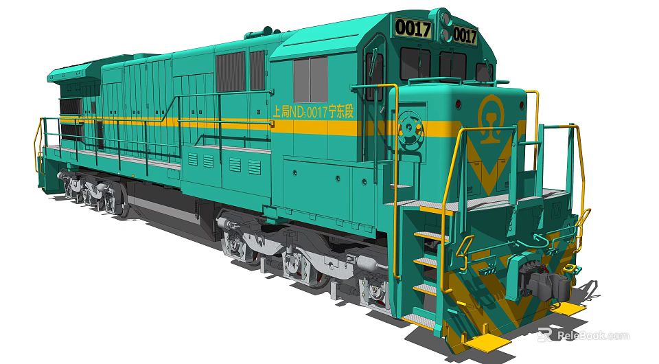 Green Railway Train With Yellow Stripes Number 0017 2017 Side View Design 3d model 