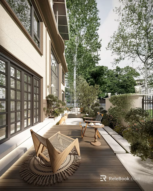 Modern Garden Landscape Design With Wooden Deck Outdoor Furniture Green Plants And Trees 3d model 